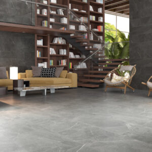 Moderne woonkamer met grijze keramische vloertegel